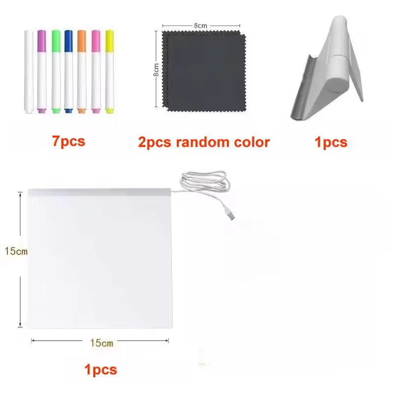 LED Acrylic Message & Drawing Board – Glowing Rewritable Panel with 7 Color Pens