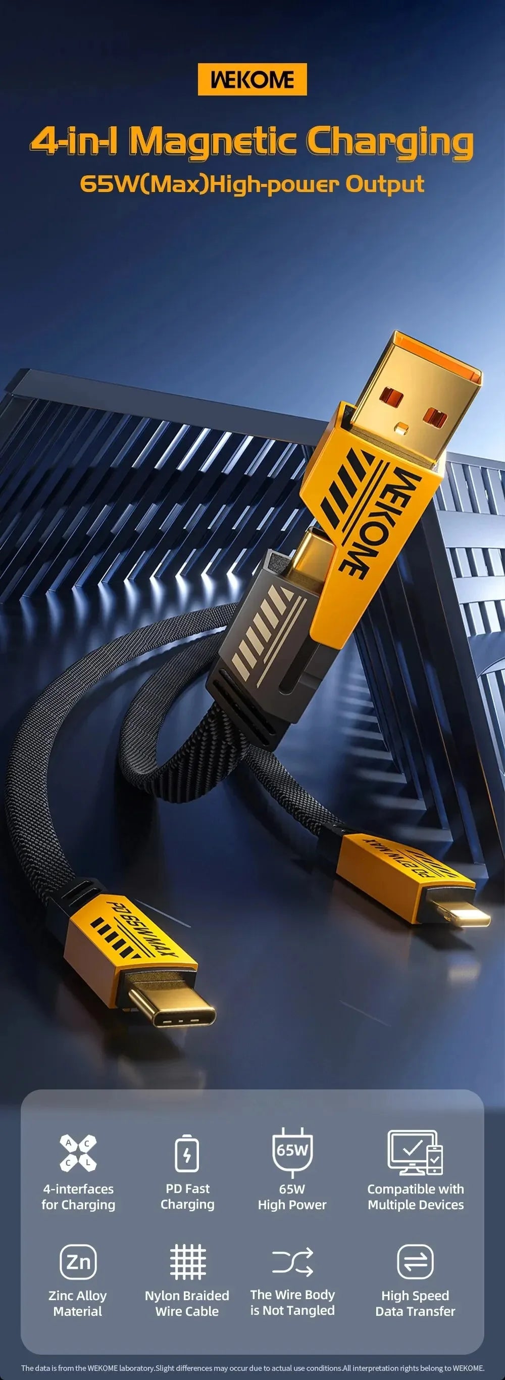 4-in-1 Fast Charging Cable | 65W Smart Power Cord (Type-C, USB, Lightning)