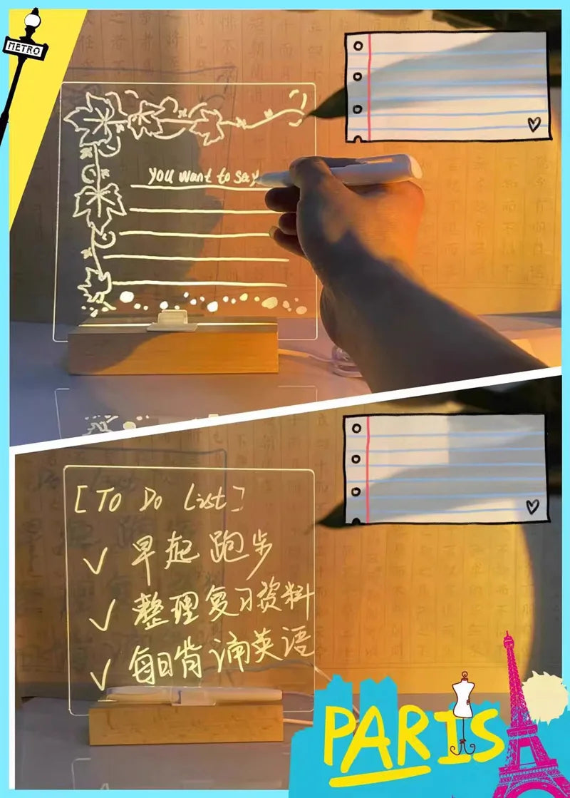 LED Acrylic Message & Drawing Board – Glowing Rewritable Panel with 7 Color Pens