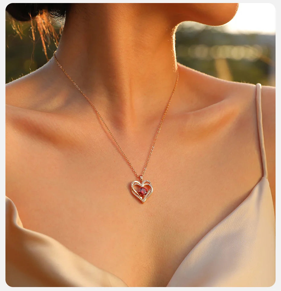 Vnox Heart Birthstone Necklace – “I Love You” Pendant for Women