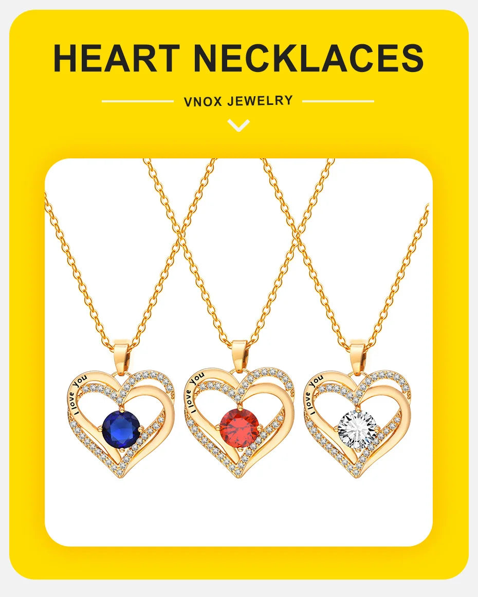 Vnox Heart Birthstone Necklace – “I Love You” Pendant for Women