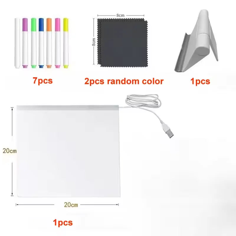 LED Acrylic Message & Drawing Board – Glowing Rewritable Panel with 7 Color Pens