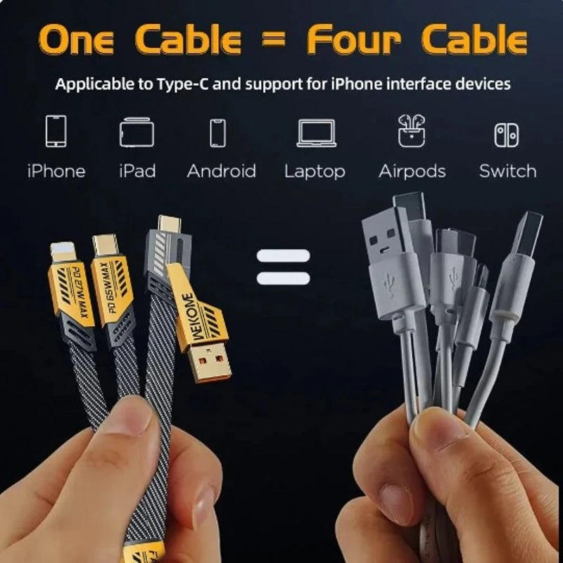 4-in-1 Fast Charging Cable | 65W Smart Power Cord (Type-C, USB, Lightning)