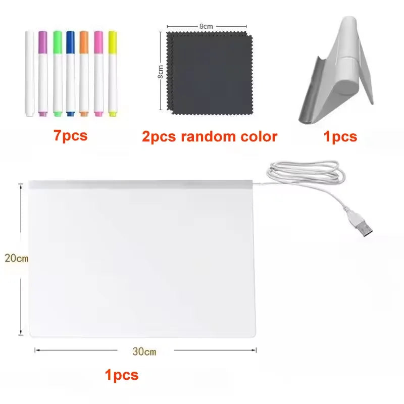 LED Acrylic Message & Drawing Board – Glowing Rewritable Panel with 7 Color Pens