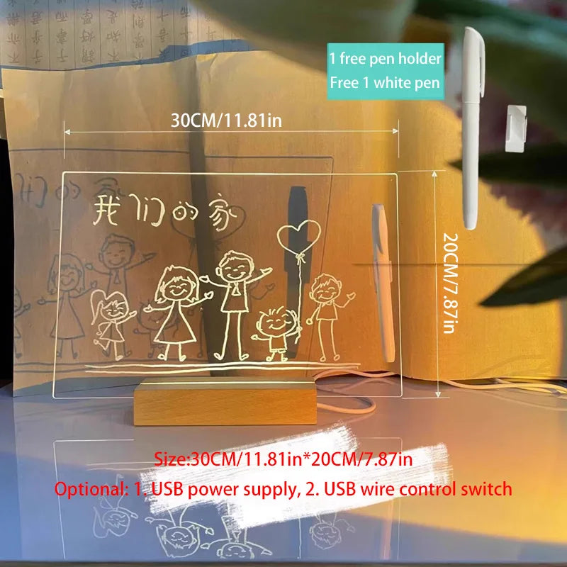 LED Acrylic Message & Drawing Board – Glowing Rewritable Panel with 7 Color Pens