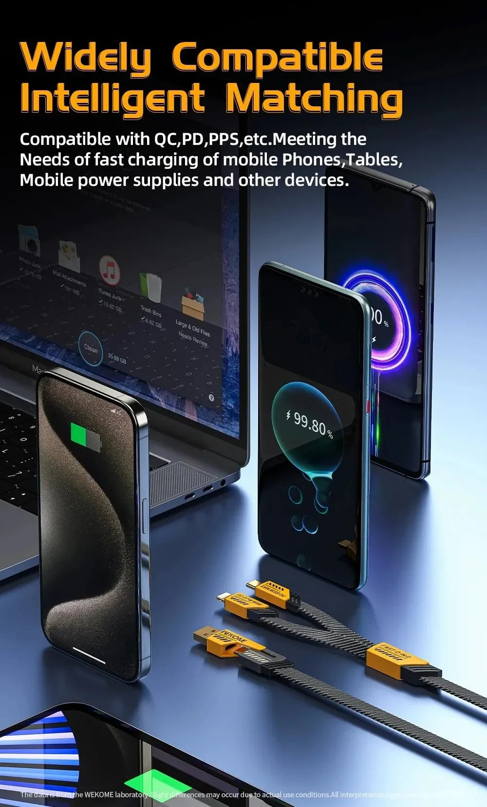 4-in-1 Fast Charging Cable | 65W Smart Power Cord (Type-C, USB, Lightning)